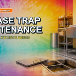 Commercial kitchen grease trap access with bright tie-dye colors and title text for grease trap maintenance in Jacksonville.