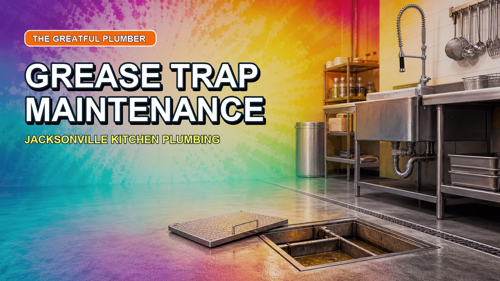 Commercial kitchen grease trap access with bright tie-dye colors and title text for grease trap maintenance in Jacksonville.