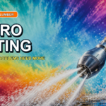 Hydro jetting nozzle spraying water beside a drain with bright tie-dye colors and title text about hydro jetting.