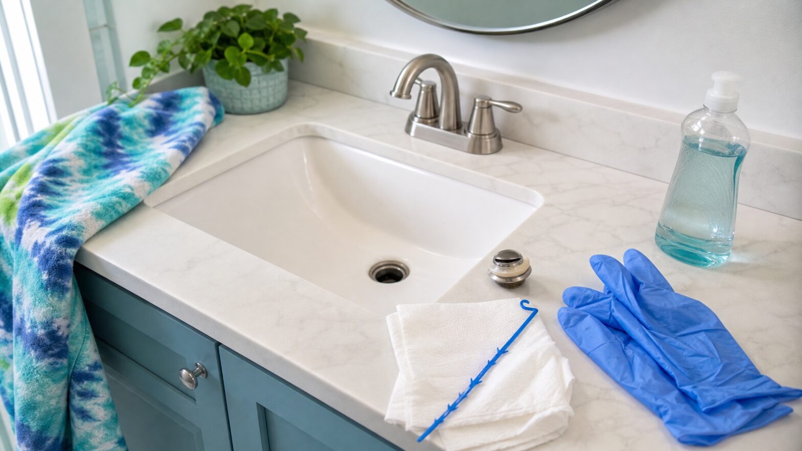 Bathroom sink with stopper removed, gloves, towels, and plastic drain tool for clearing a slow sink drain.