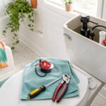 Open toilet tank with replacement flapper and basic tools for a running toilet repair.