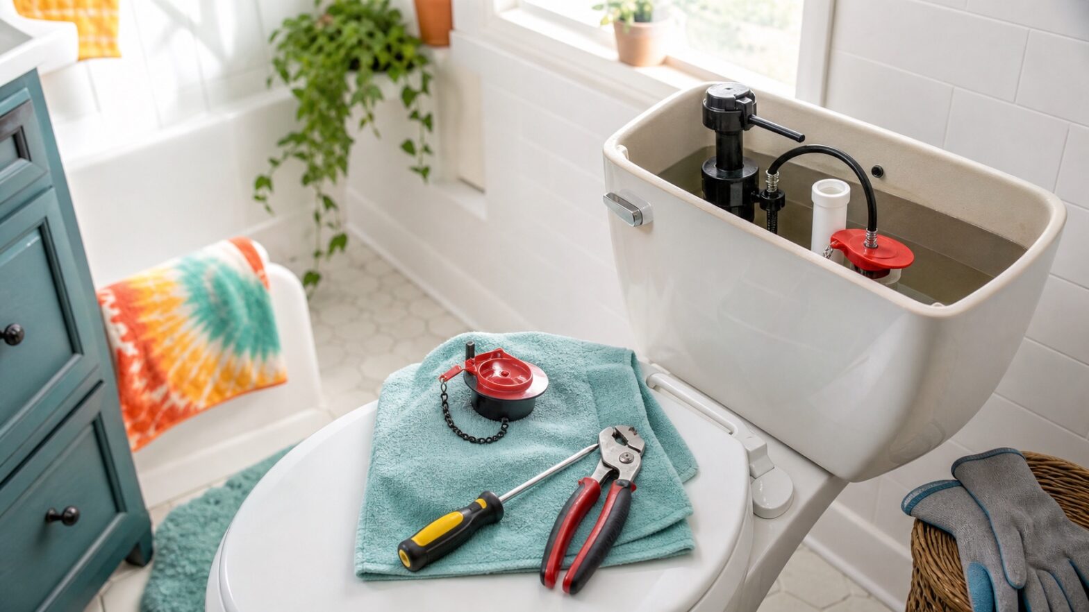 Open toilet tank with replacement flapper and basic tools for a running toilet repair.