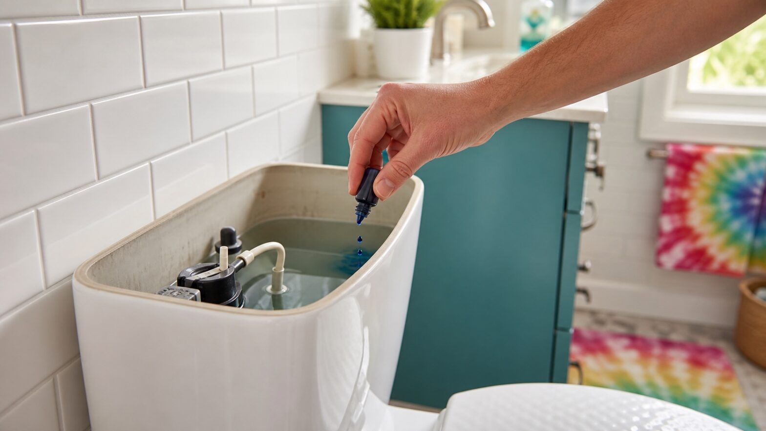 Food coloring being added to a toilet tank for a simple toilet leak test.