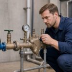 Professional plumber inspecting a commercial backflow prevention assembly and pressure gauge
