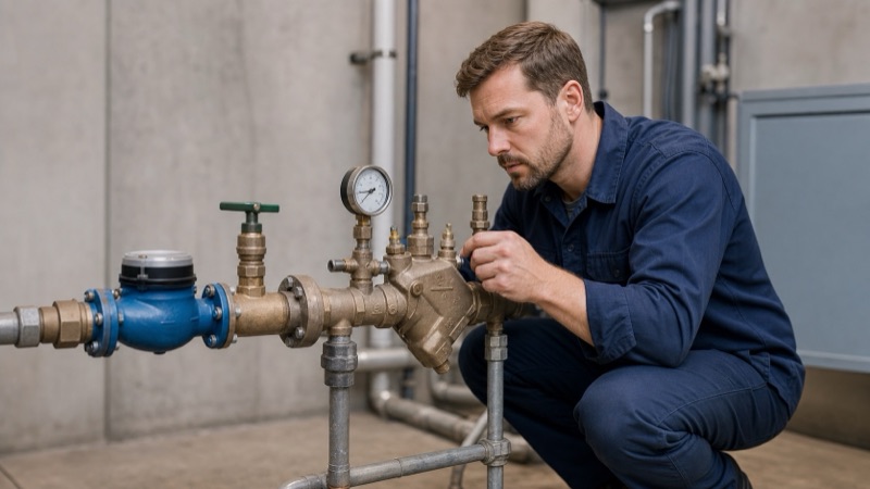 Professional plumber inspecting a commercial backflow prevention assembly and pressure gauge