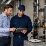 Commercial plumber reviewing a drain issue with a Jacksonville property manager