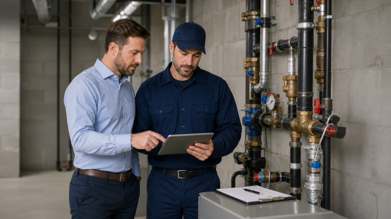 Commercial plumber reviewing a drain issue with a Jacksonville property manager