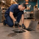 Professional plumber inspecting a commercial kitchen floor drain and grease trap access