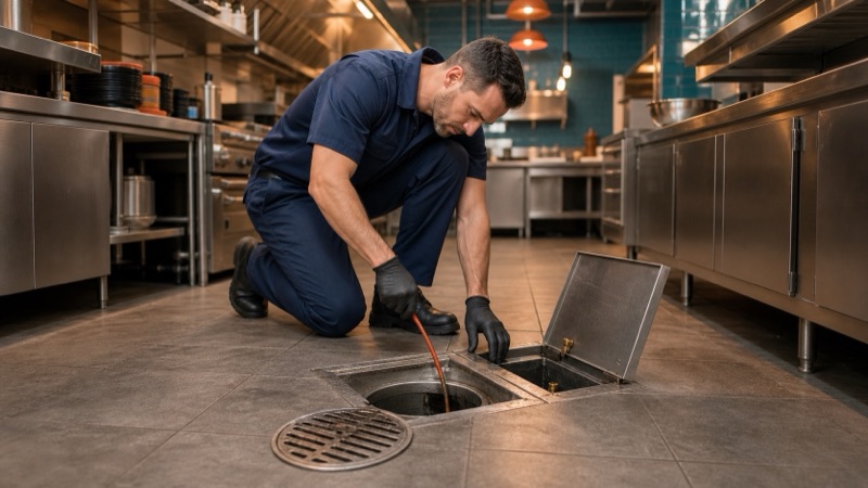 Professional plumber inspecting a commercial kitchen floor drain and grease trap access