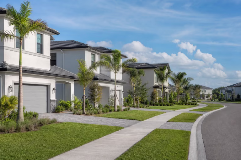 Newly built pale stucco homes with young palms and fresh sidewalks in the Bartram Springs master-planned community