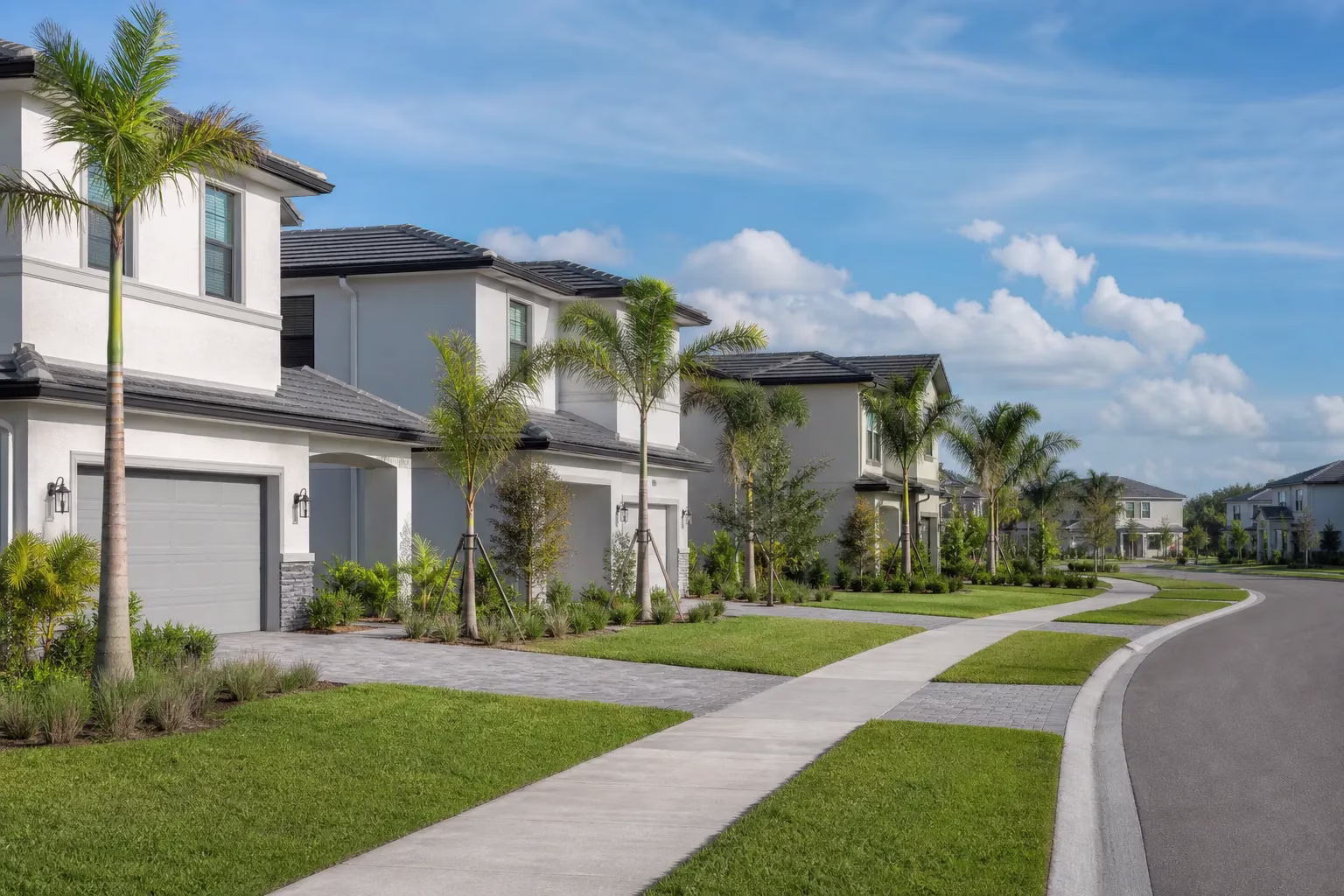Newly built pale stucco homes with young palms and fresh sidewalks in the Bartram Springs master-planned community