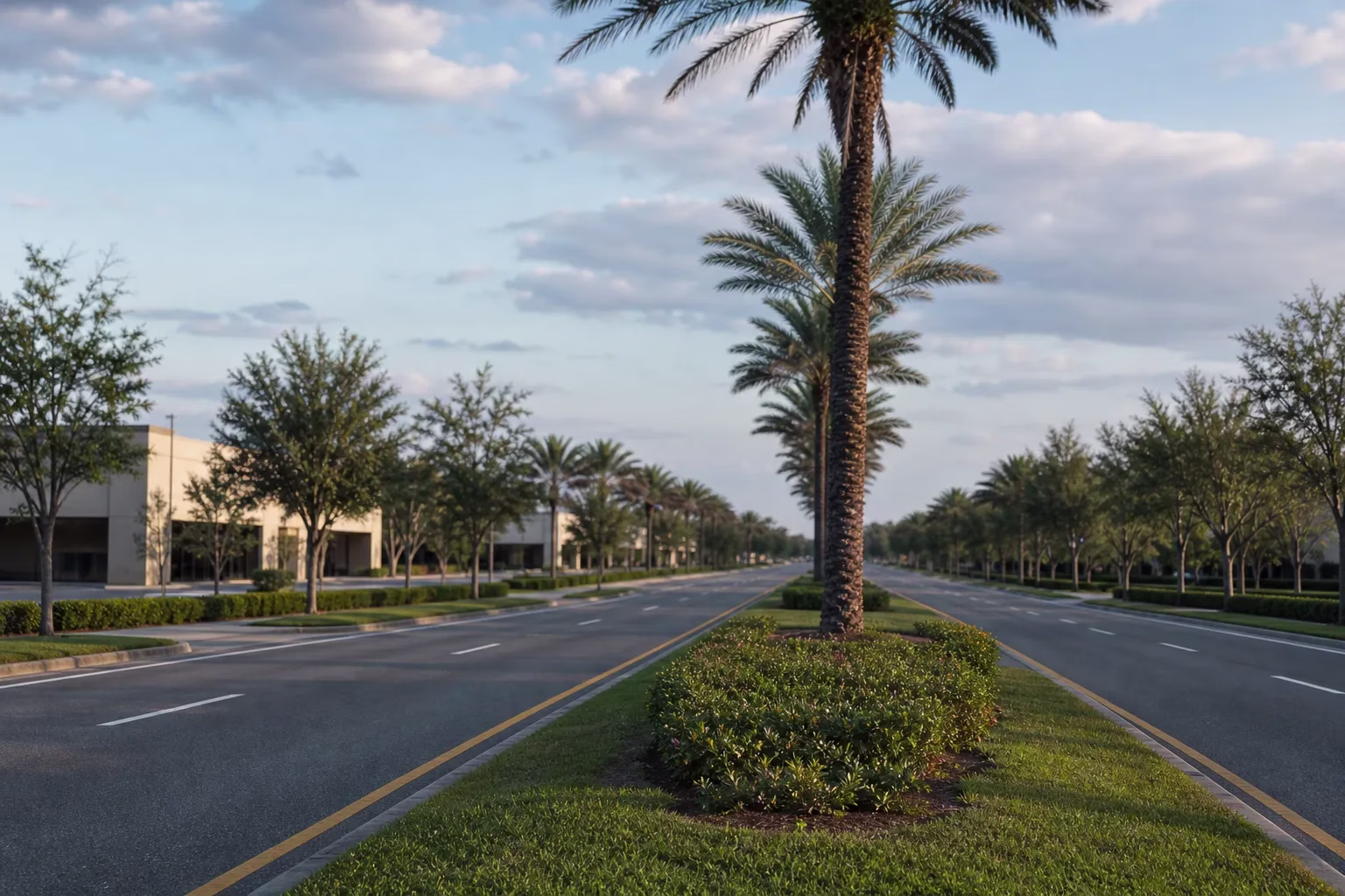 Palm-lined divided boulevard with low retail buildings set back behind landscaping, Baymeadows area of southside Jacksonville