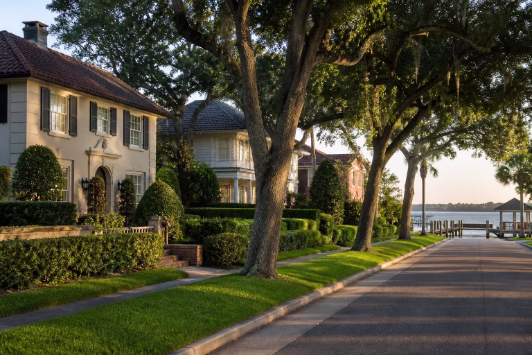 Oak-lined Ortega street in Jacksonville leading down to the river and a wooden dock
