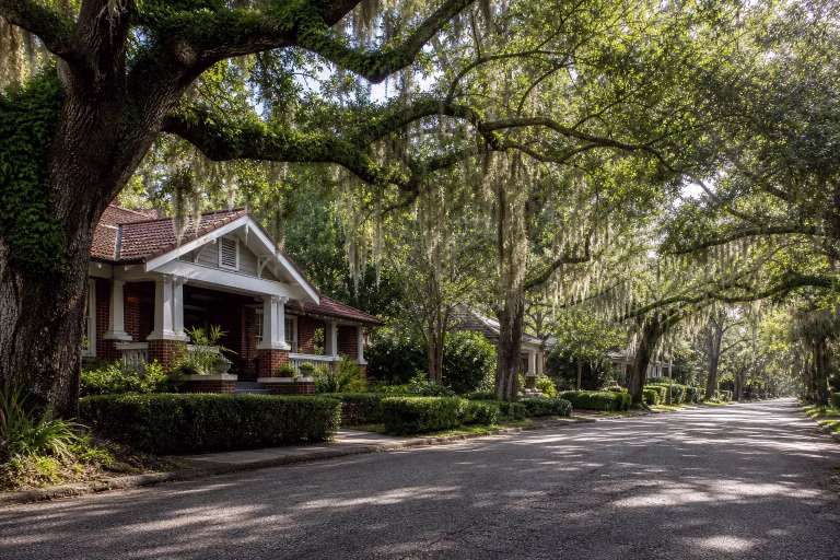 Oak-lined Riverside street in Jacksonville with a brick bungalow and Spanish moss