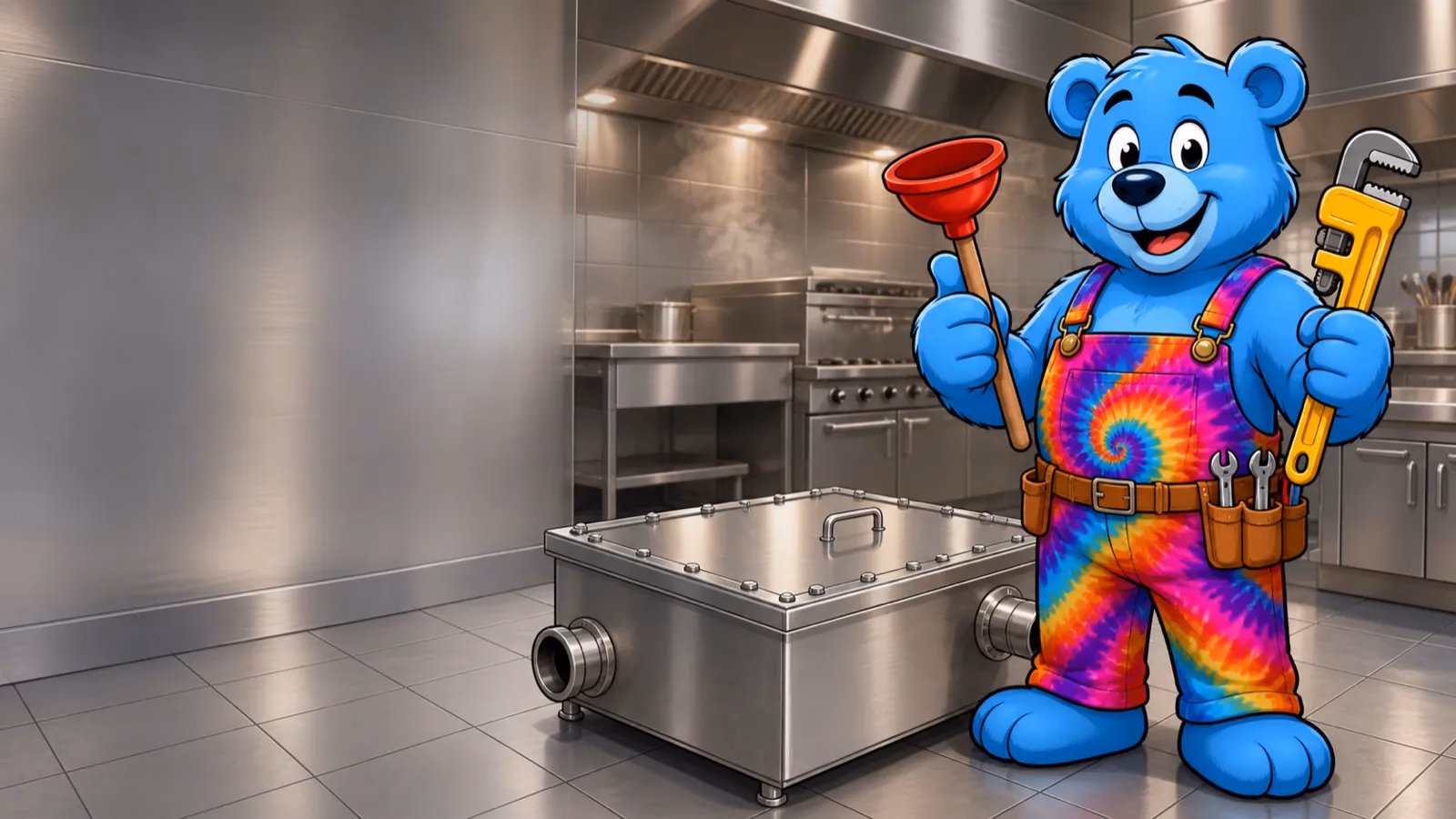 Cartoon tie-dye bear plumber mascot beside a commercial grease trap in a stainless steel kitchen