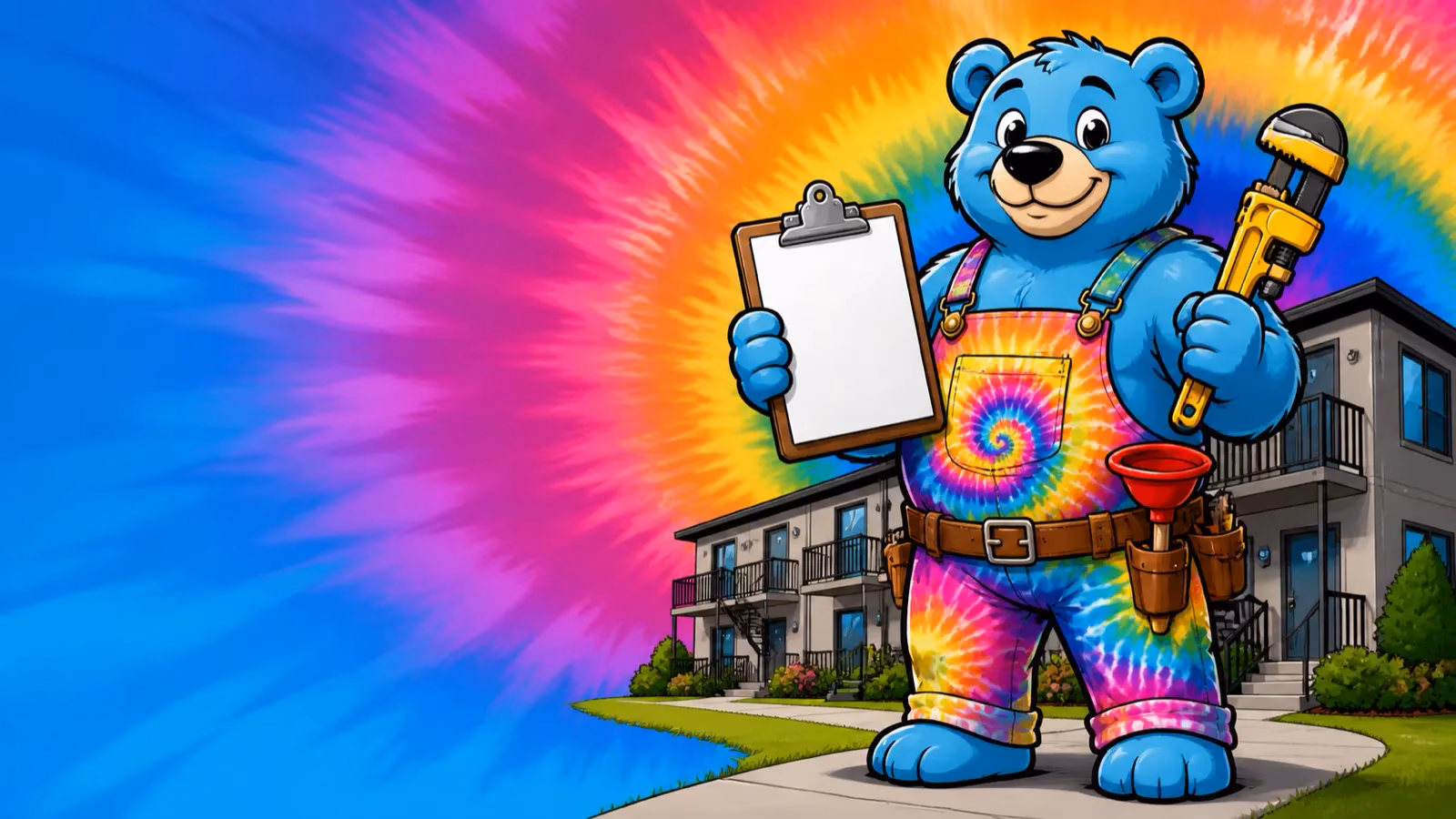 Cartoon tie-dye bear plumber mascot holding a clipboard in front of an apartment building