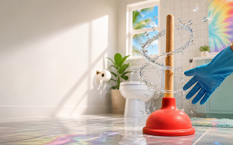 Bathroom plunger and plumbing tools ready for back-to-school plumbing checks.