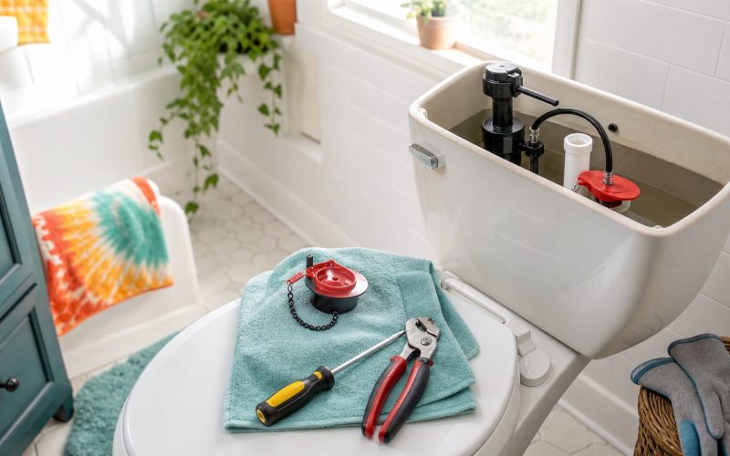 Open toilet tank with replacement flapper and basic tools for a running toilet repair.