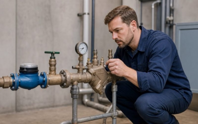 Professional plumber inspecting a commercial backflow prevention assembly and pressure gauge
