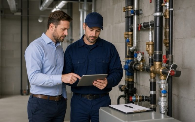 Commercial plumber reviewing a drain issue with a Jacksonville property manager