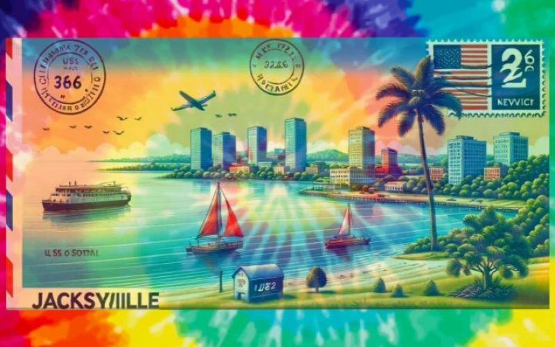Jacksonville vintage postcard illustration with tie-dye background showing waterfront skyline, sailboats, palm trees, and USS O'Sotta cruise ship