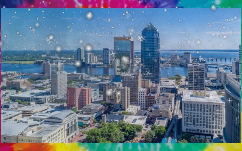 Jacksonville Florida skyline with winter snow overlay illustrating seasonal plumbing maintenance needs