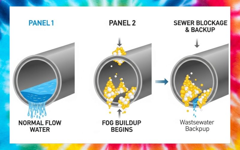 Three-panel diagram showing grease trap blockage progression: normal water flow, FOG buildup beginning, and wastewater backup