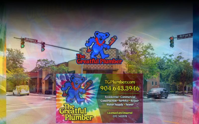 The Greatful Plumber mascot logo and business information for commercial restaurant plumbing services in Jacksonville Florida