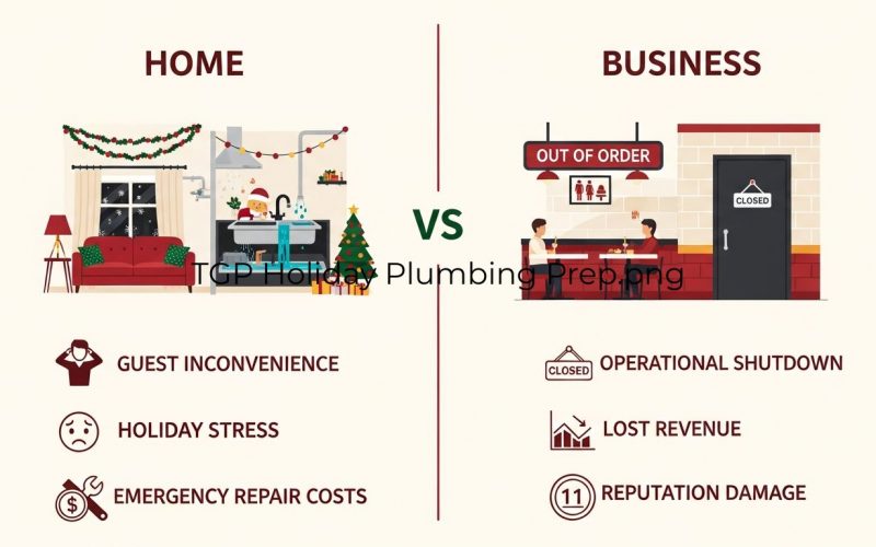 Holiday plumbing preparation comparison showing home guest inconvenience versus business operational shutdown with The Greatful Plumber branding