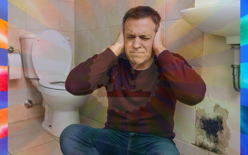 Stressed Jacksonville homeowner with hands over ears in bathroom with plumbing problems and mold damage