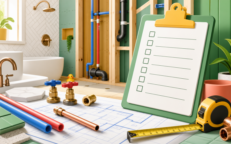 Bathroom remodel plumbing plans with fixture samples and exposed wall plumbing.