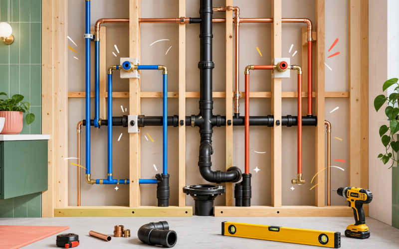 Bathroom plumbing rough-in with exposed drain, vent, and water supply lines before drywall.