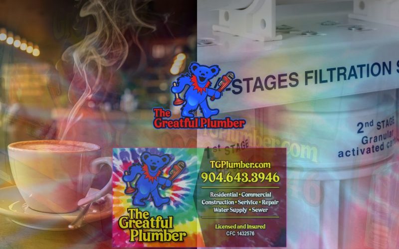 Steaming coffee cup with water filtration system background showing the journey from underground aquifer to home, Jacksonville water treatment, Greatful Plumber branding