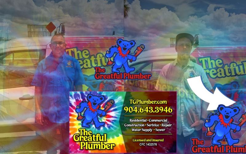 The Greatful Plumber Jacksonville FL professional plumbers with colorful tie-dye branding and contact information 904-648-3946 for DIY vs professional plumbing advice