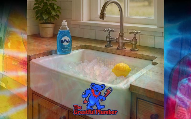 Kitchen sink filled with ice and a lemon with Dawn dish soap bottle on counter and Greatful Plumber logo