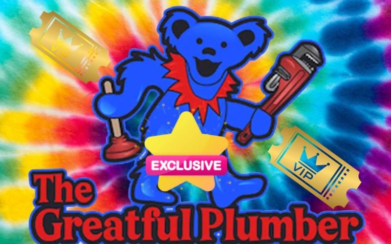Greatful Plumber logo featuring blue dancing bear mascot with plumbing tools on colorful tie-dye background