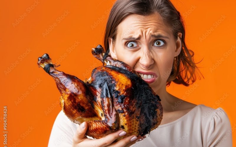 Holiday Disaster - Woman Holding Burnt Thanksgiving Turkey with Exasperated Look in Bright Orange Background