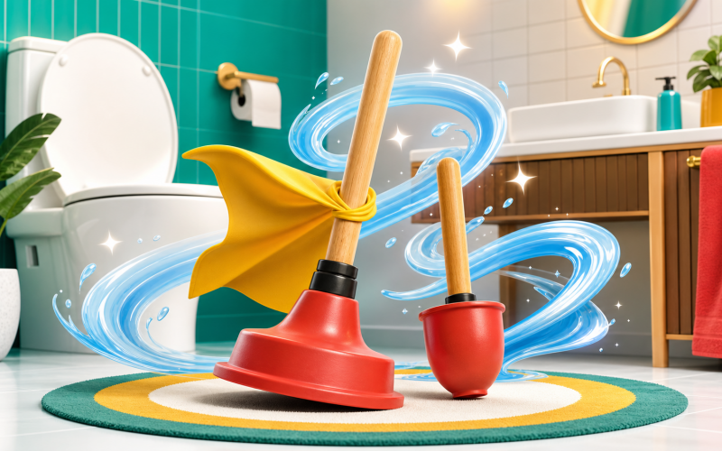 Flange plunger beside a bathroom toilet with a cup plunger near a sink.
