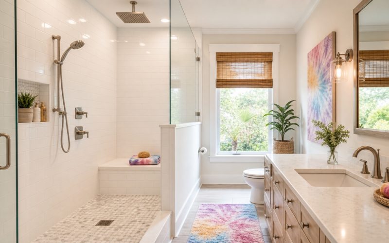 Modern Jacksonville bathroom renovation with a walk-in shower, subway tile, brushed nickel fixtures, and tie-dye inspired accents