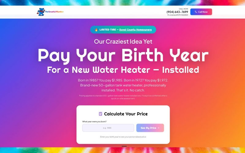 Pay Your Birth Year for a new water heater - The Grateful Plumber Jacksonville FL water heater replacement special