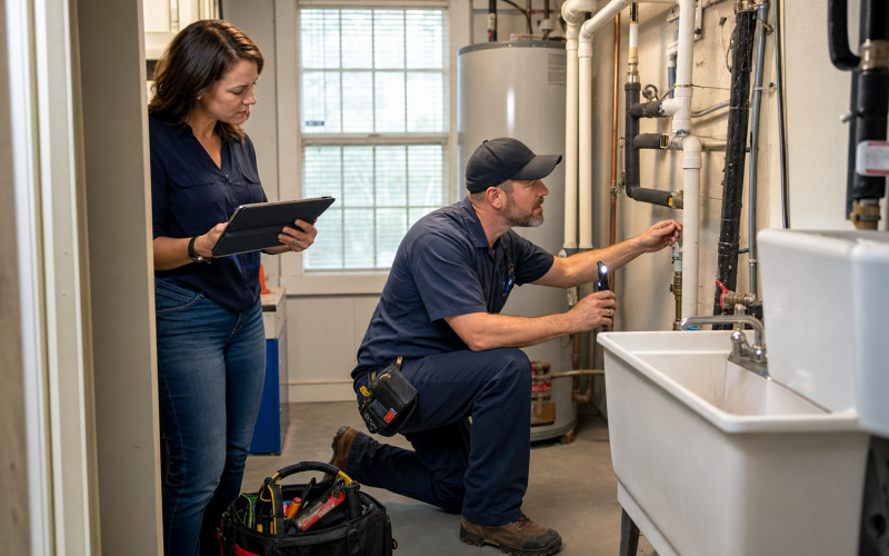 Commercial plumber inspecting plumbing for a Jacksonville property manager.