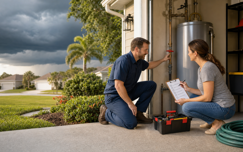 Jacksonville homeowner reviewing hurricane season plumbing prep with a plumber near a water heater