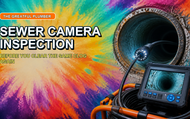 Sewer camera inspection equipment beside a drain pipe with bright tie-dye colors and title text.