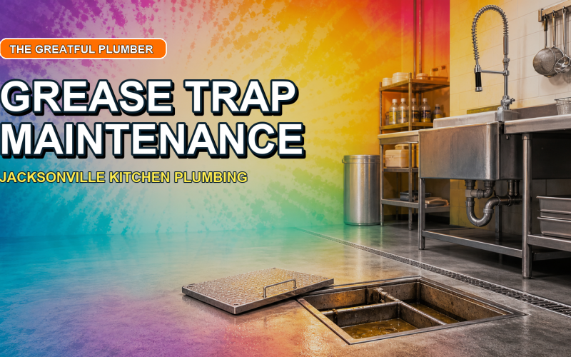Commercial kitchen grease trap access with bright tie-dye colors and title text for grease trap maintenance in Jacksonville.