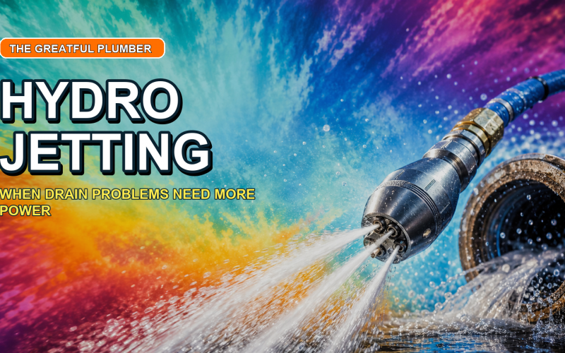 Hydro jetting nozzle spraying water beside a drain with bright tie-dye colors and title text about hydro jetting.